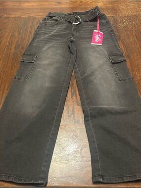 NWT Justice Girls Size 10 Black Denim Cargo Wide Leg Jeans Belted Y2K